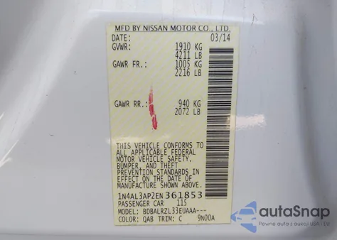 2014 Nissan Altima 2.5 S из США, поврежденный, VIN 1N4AL3AP2EN361853